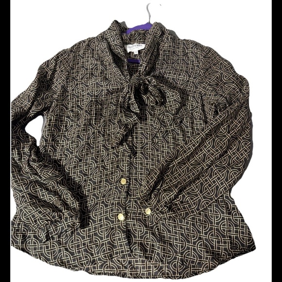 Elizabeth McKay Tops - Elizabeth McKay 100% silk Geo print popover blouse, Black And Tan * Size 12* O-8